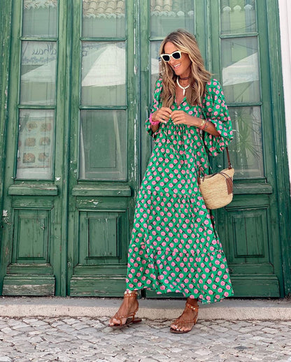 Women's Printed Maxi Dress with V-Neck and Flowy Fit