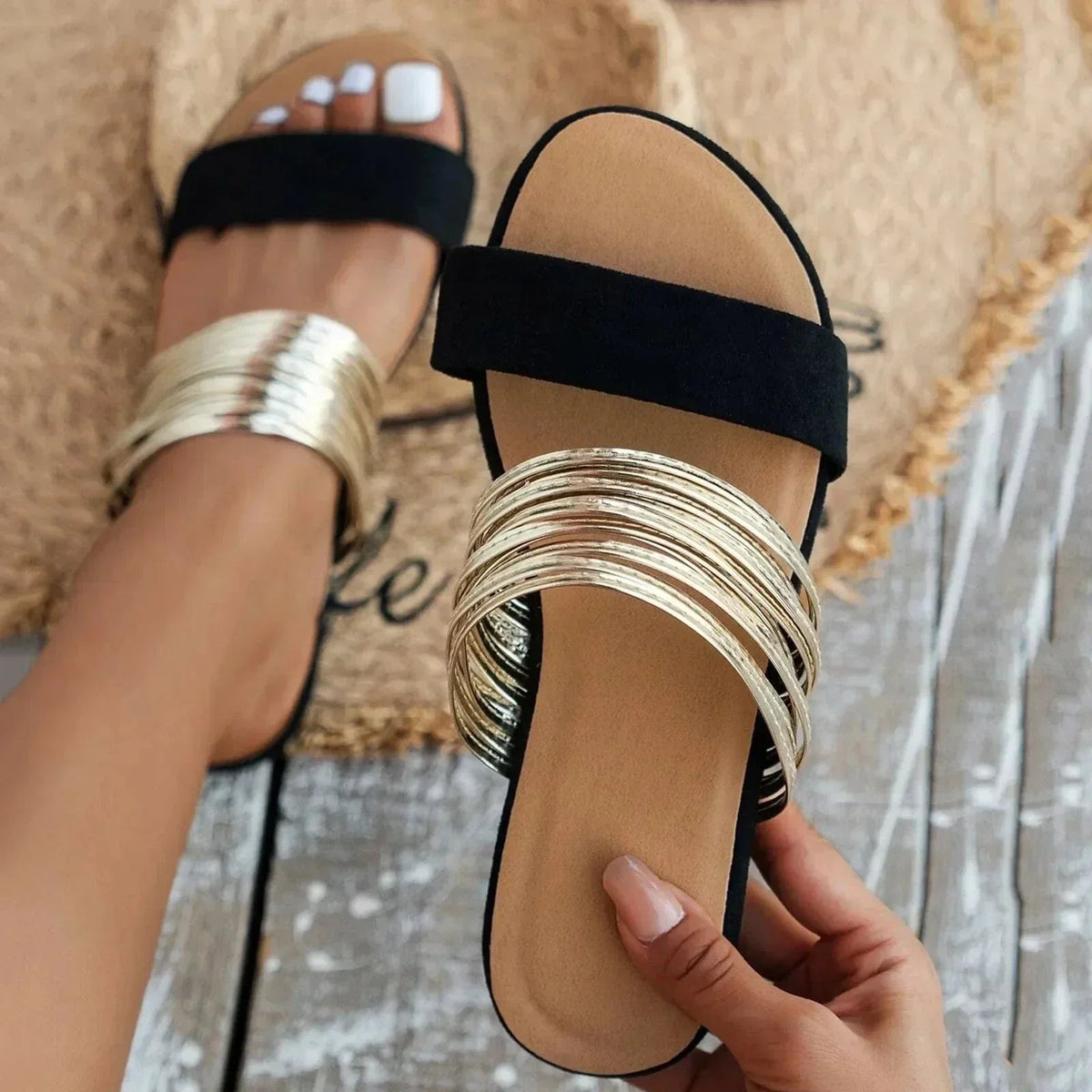 Women's Slip-On Flats with Open Toe and Double Strap