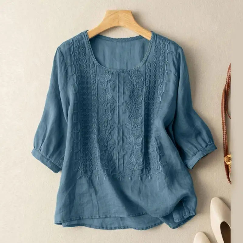 Women's Embroidered Blouse with Round Neck
