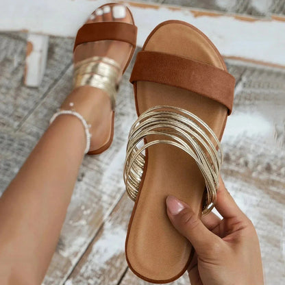 Women's Slip-On Flats with Open Toe and Double Strap