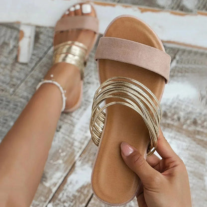 Women's Slip-On Flats with Open Toe and Double Strap