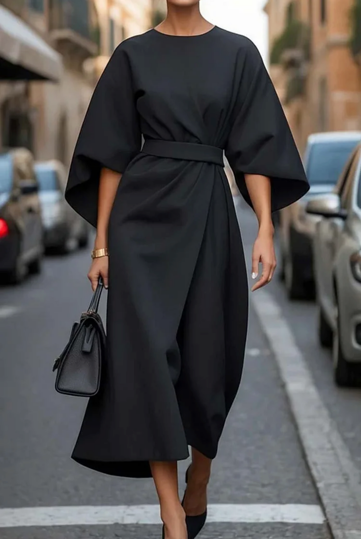 Women's Kimono Sleeve Belted Midi Dress