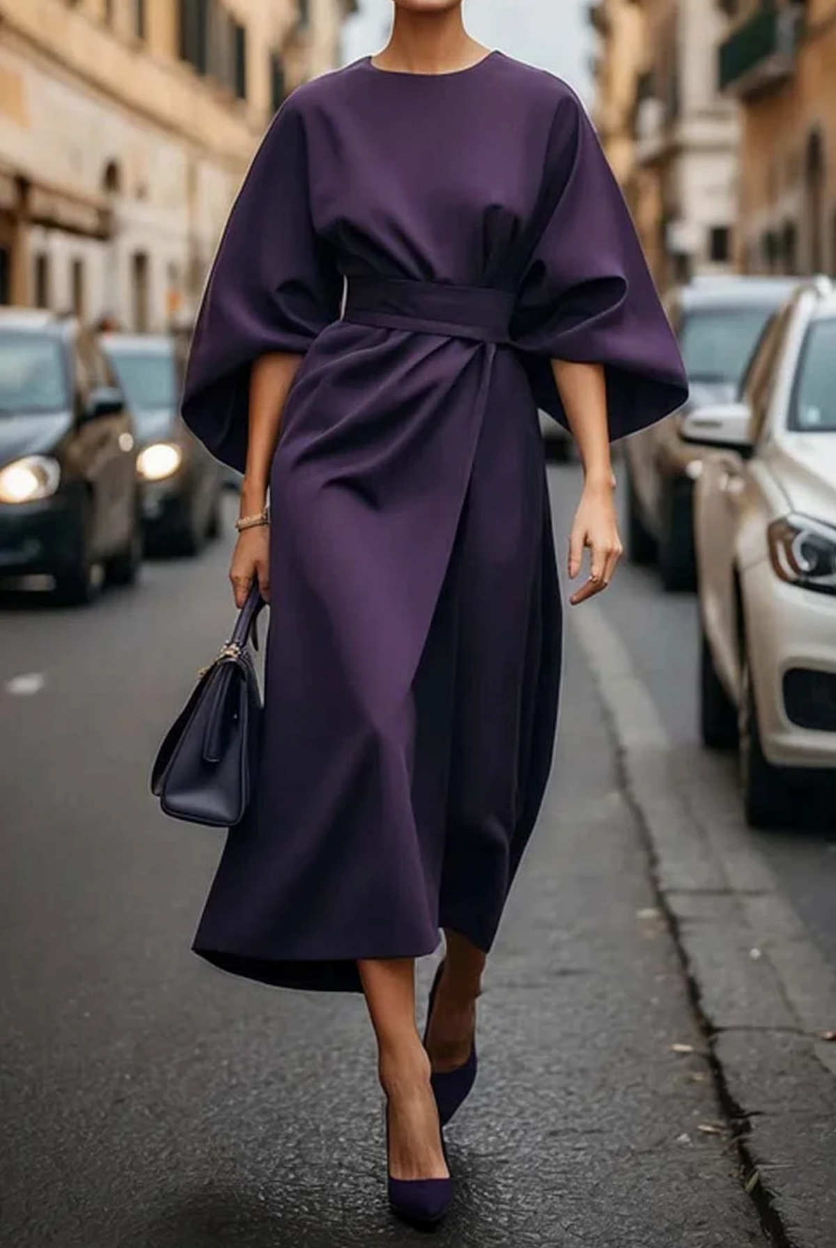 Women's Kimono Sleeve Belted Midi Dress