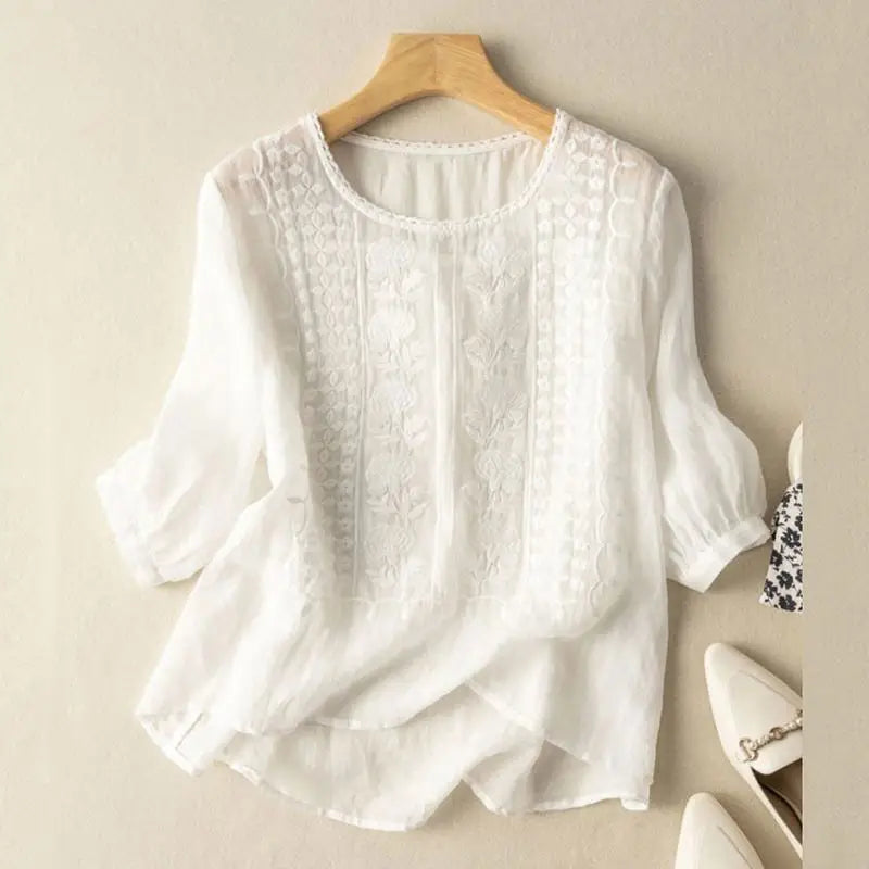 Women's Embroidered Blouse with Round Neck