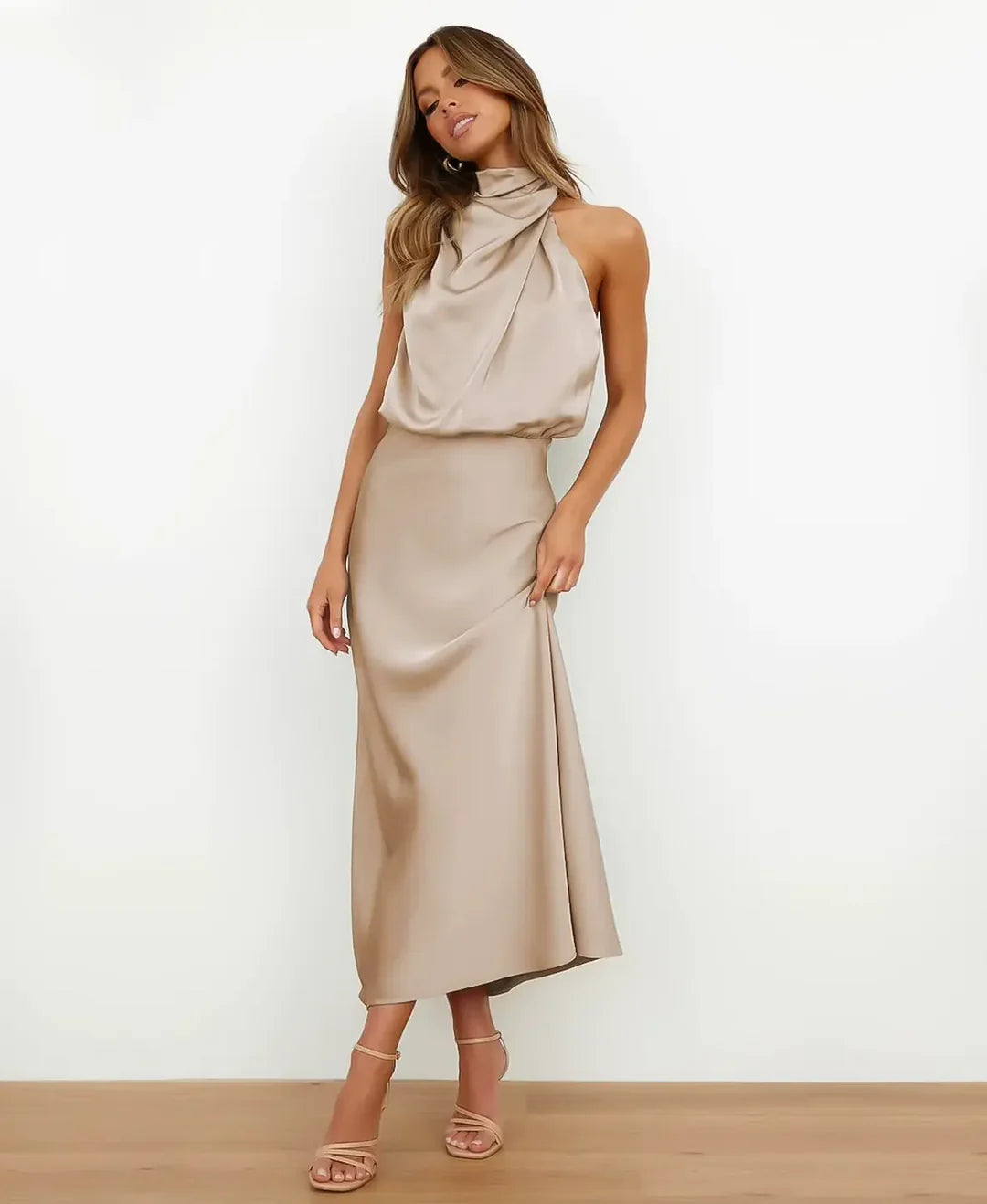 Women's Satin Halter Style Formal Midi Dress