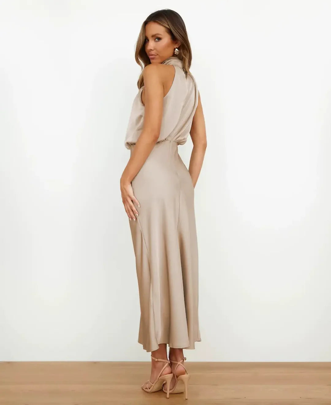 Women's Satin Halter Style Formal Midi Dress