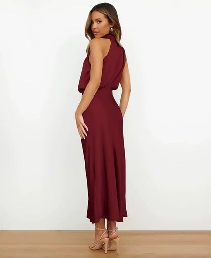 Women's Satin Halter Style Formal Midi Dress