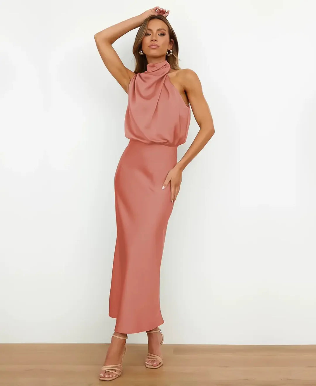 Women's Satin Halter Style Formal Midi Dress