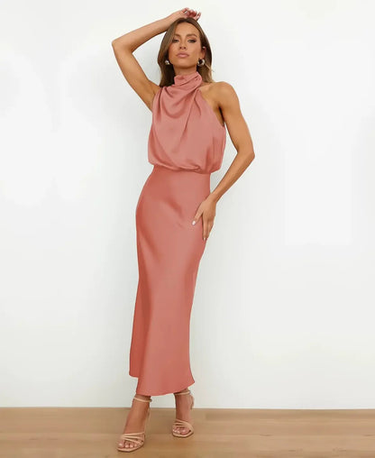 Women's Satin Halter Style Formal Midi Dress