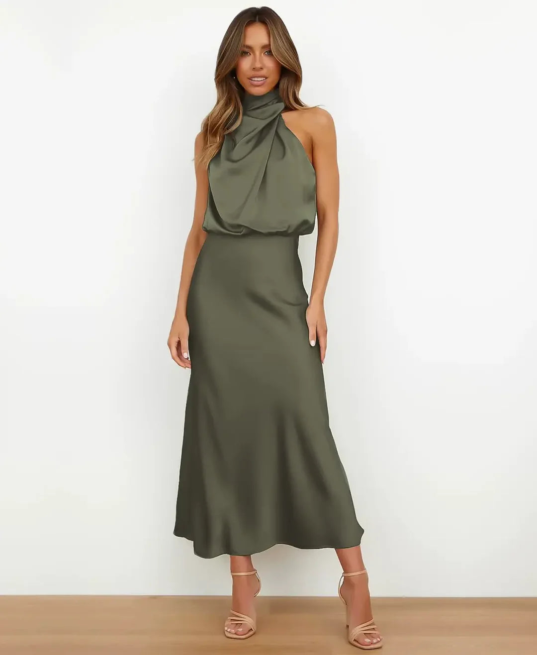 Women's Satin Halter Style Formal Midi Dress