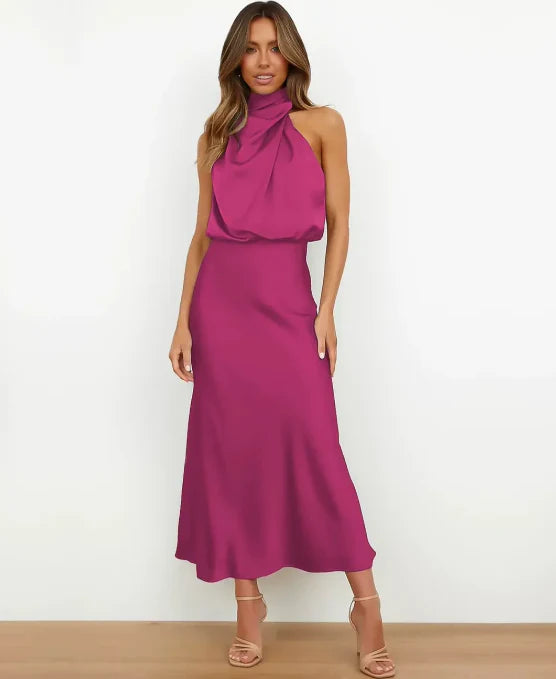 Women's Satin Halter Style Formal Midi Dress