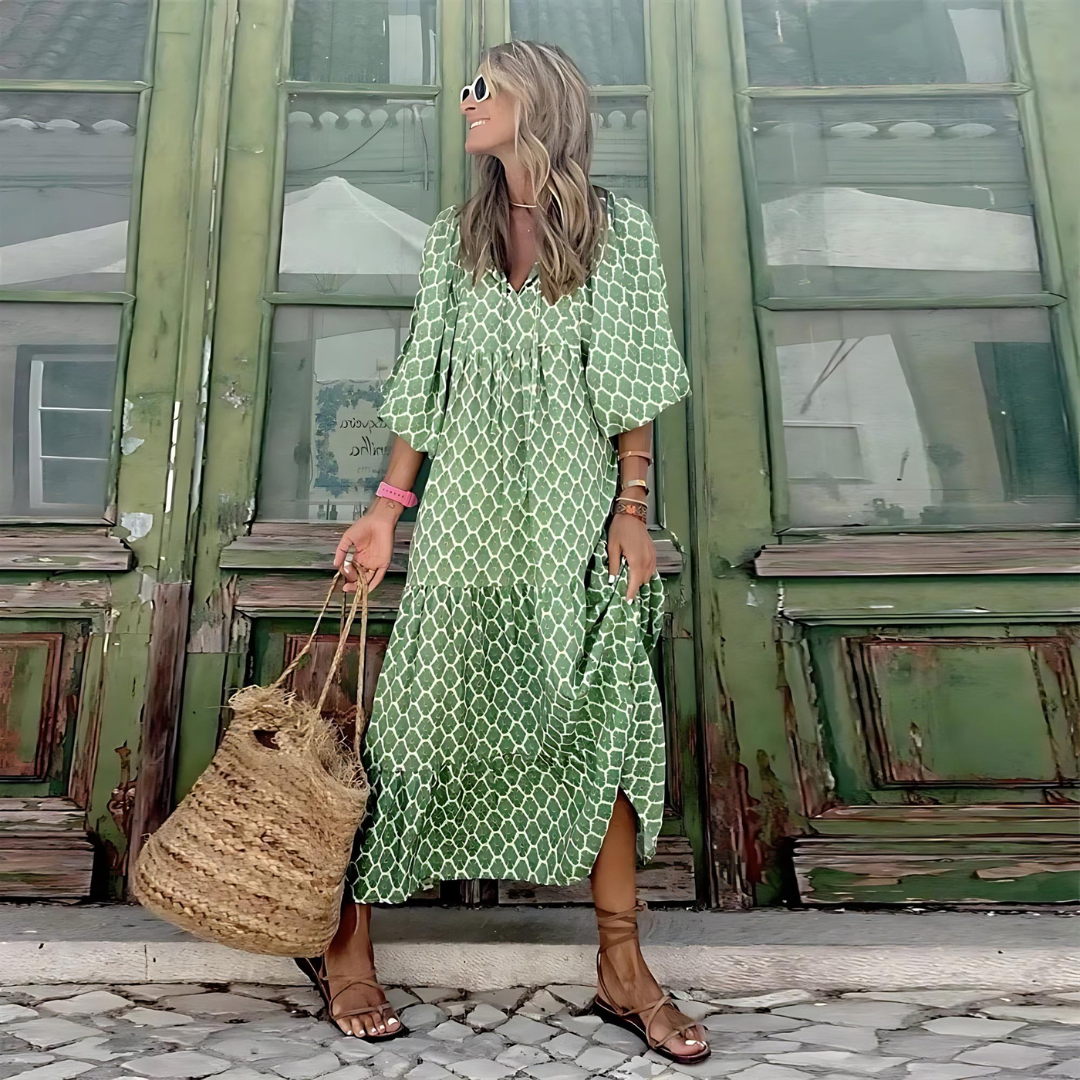 Women's Printed Maxi Dress with V-Neck and Flowy Fit