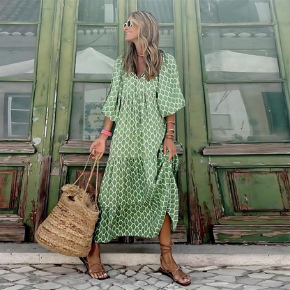 Women's Printed Maxi Dress with V-Neck and Flowy Fit