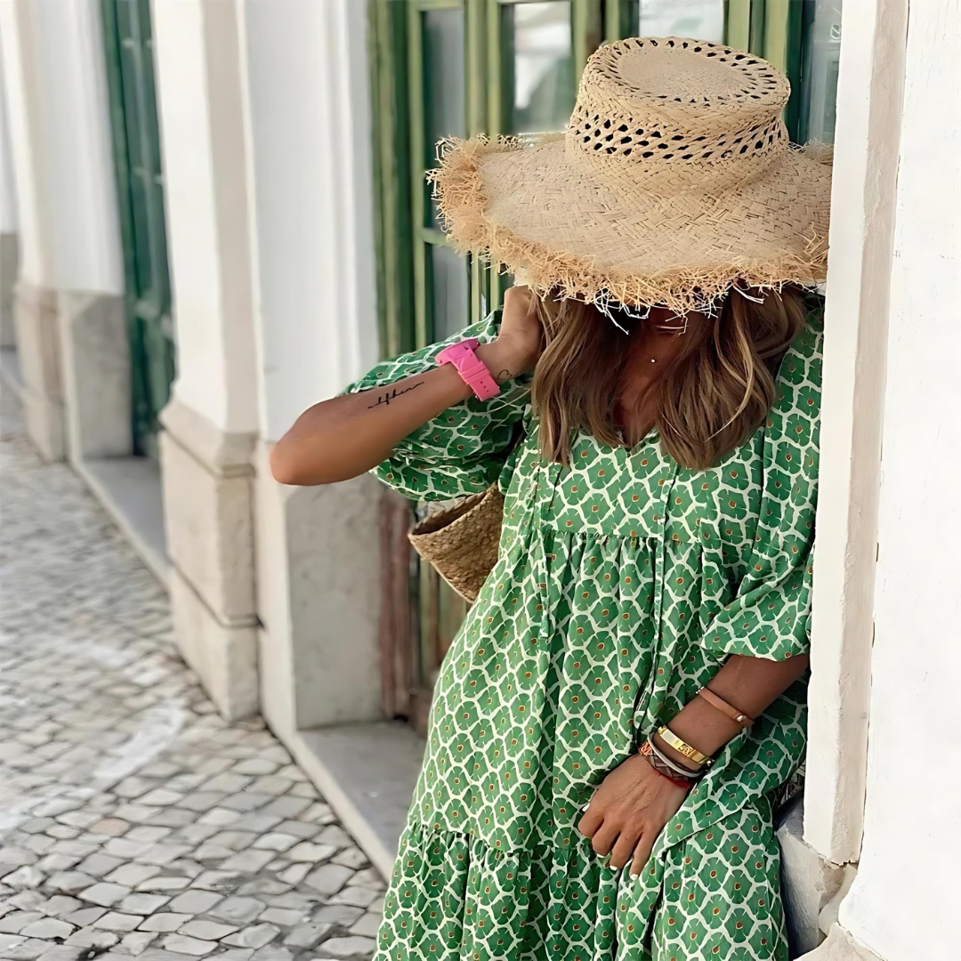Women's Printed Maxi Dress with V-Neck and Flowy Fit