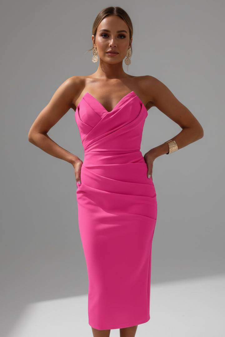 Women's Strapless Midi Dress with Ruffled Skirt