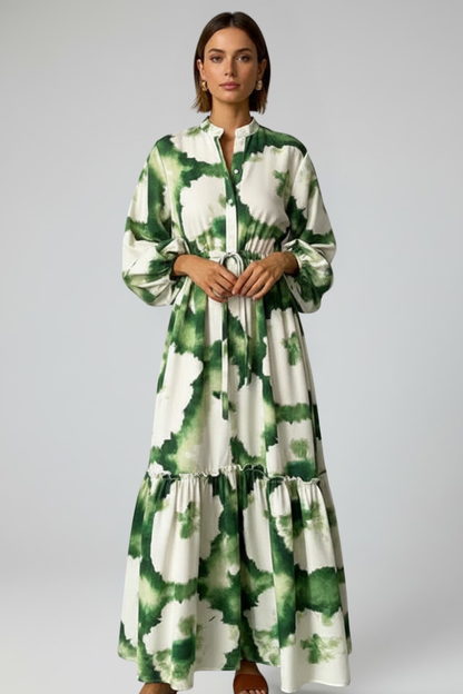 Women's Maxi Dress with Long Sleeves, Print, and V-Neck
