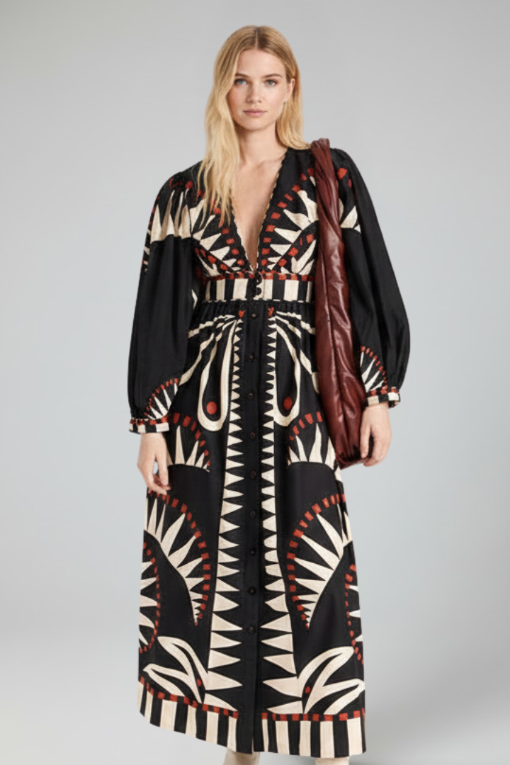 Women's Maxi Dress with Long Sleeves, Print, and V-Neck