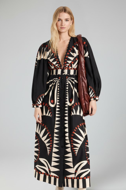 Women's Maxi Dress with Long Sleeves, Print, and V-Neck