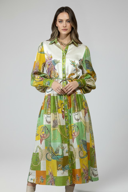 Women's Maxi Dress with Long Sleeves, Print, and V-Neck