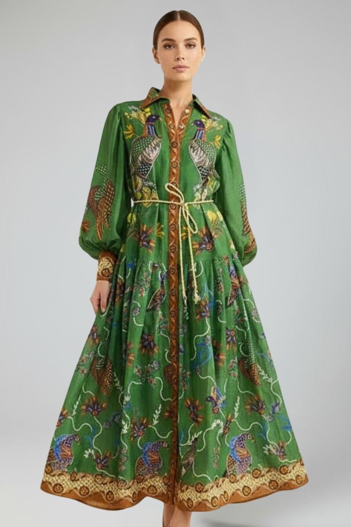 Women's Maxi Dress with Long Sleeves, Print, and V-Neck