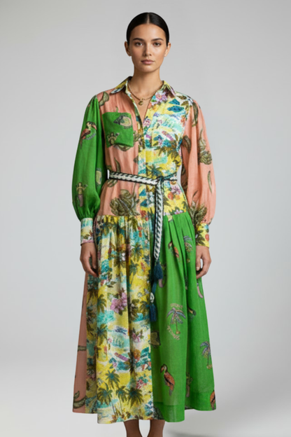 Women's Maxi Dress with Long Sleeves, Print, and V-Neck