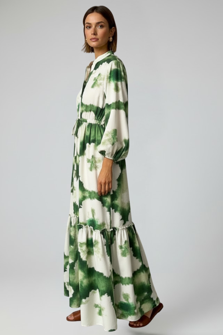 Women's Maxi Dress with Long Sleeves, Print, and V-Neck