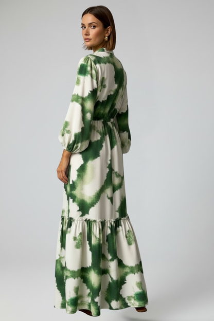 Women's Maxi Dress with Long Sleeves, Print, and V-Neck