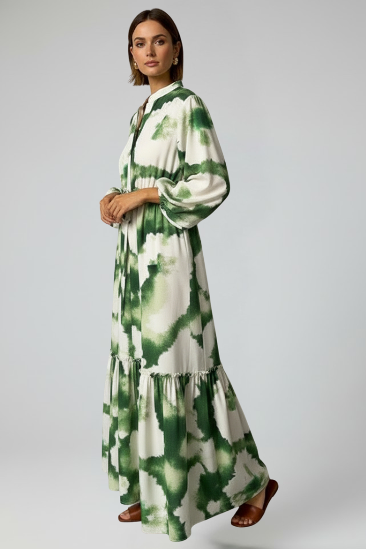 Women's Maxi Dress with Long Sleeves, Print, and V-Neck