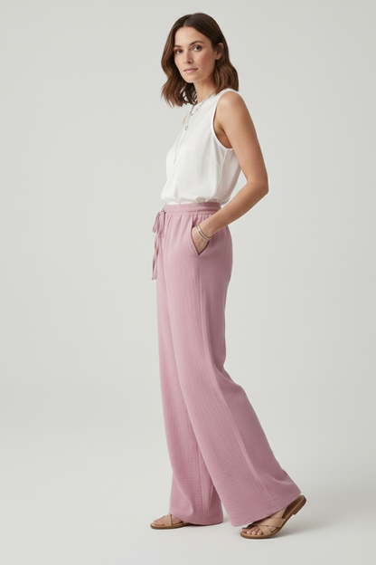 Women's Casual Palazzo Pants with Elastic Waistband and Side Pockets