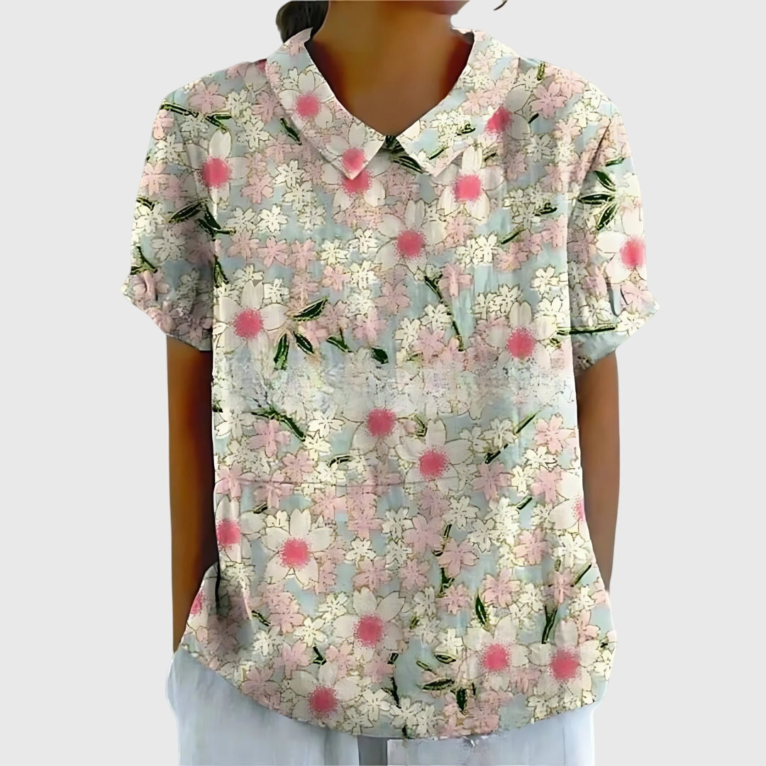 Women's Blouse with Floral Collar and Short Sleeves