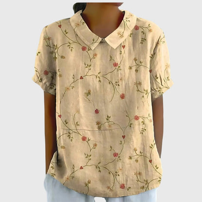 Women's Blouse with Floral Collar and Short Sleeves