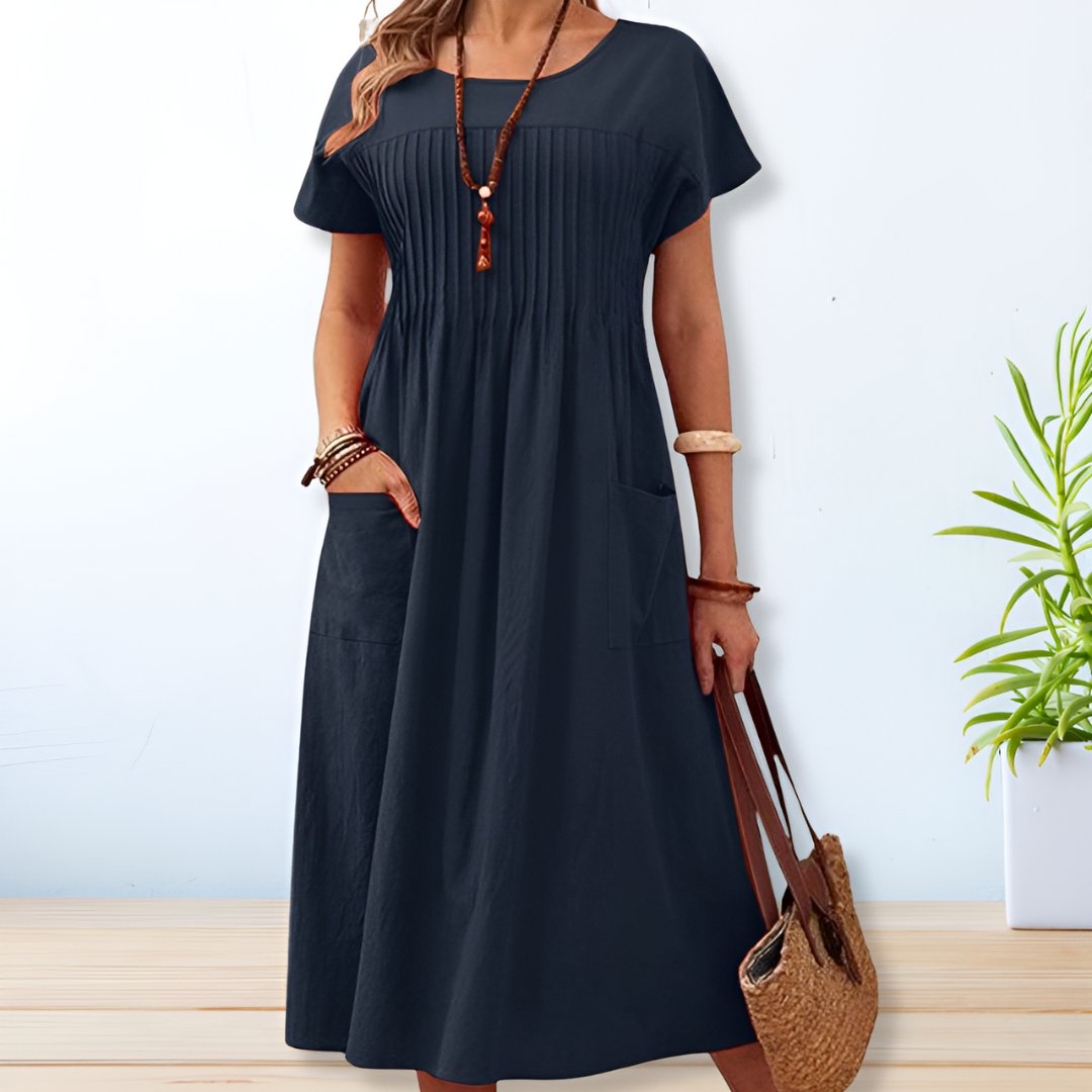 Women's Pleated Midi Dress with Short Sleeves