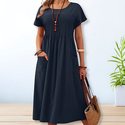 Women's Pleated Midi Dress with Short Sleeves