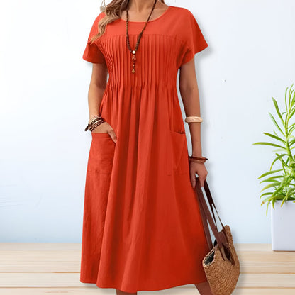 Women's Pleated Midi Dress with Short Sleeves
