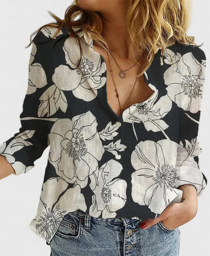 Women's Linen Blouse with V-Neck and Button Closure