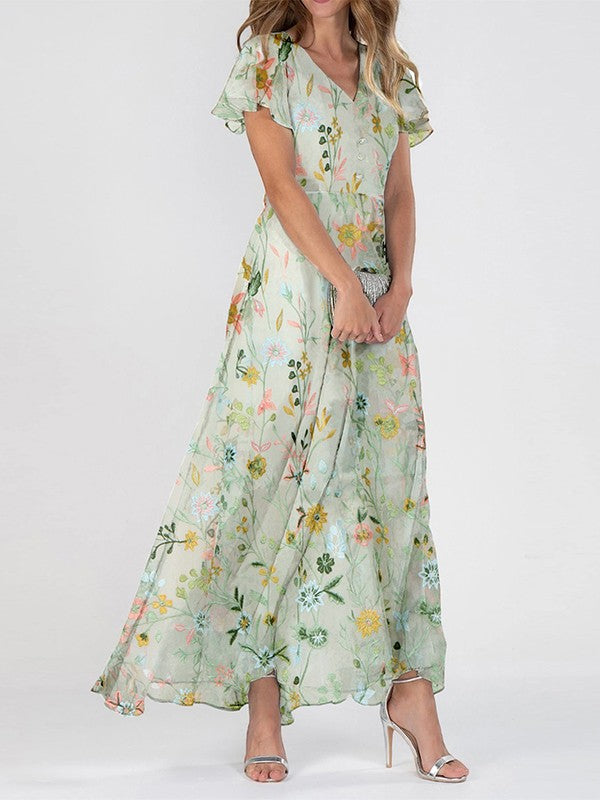 Women's Summer Floral Maxi Dress with V Neck