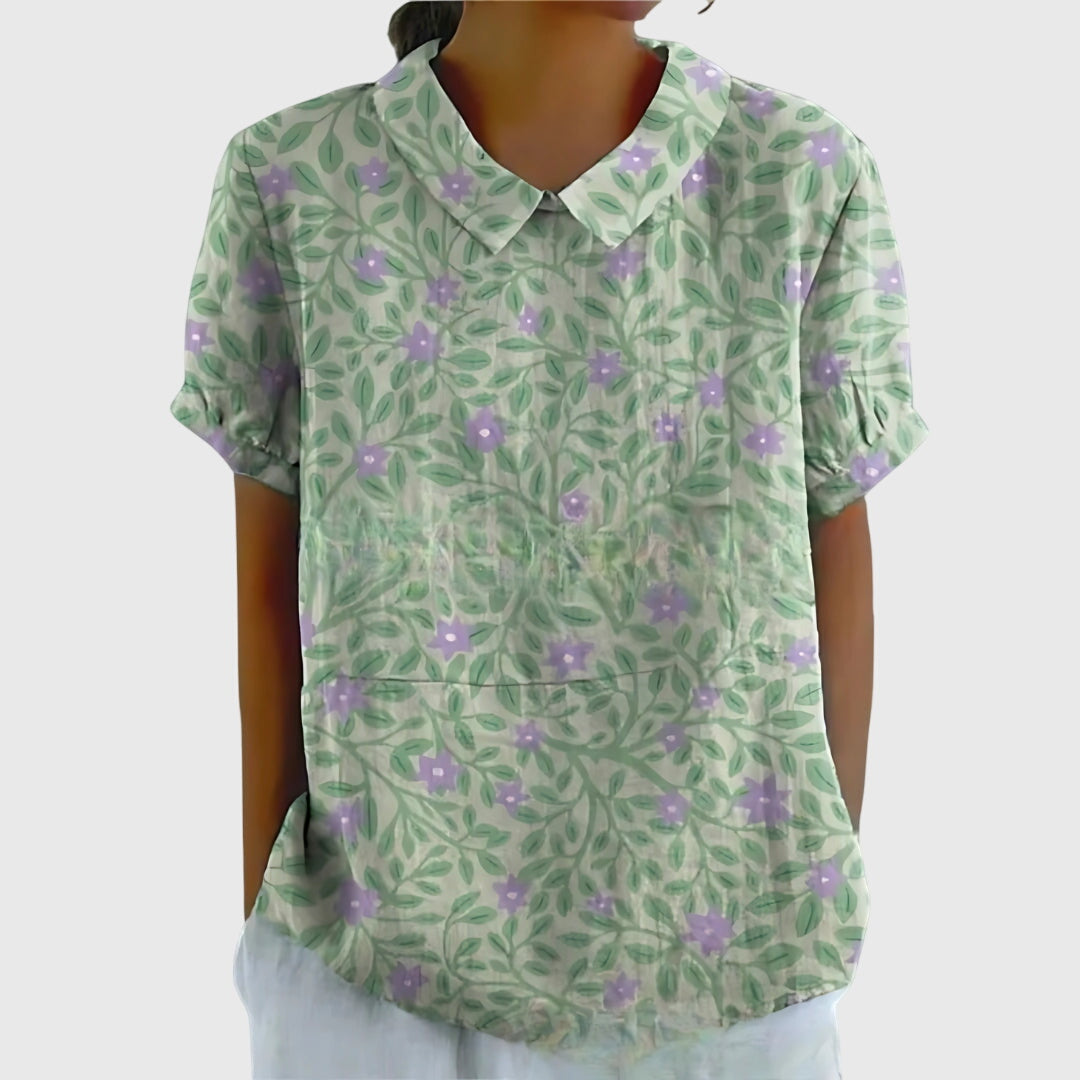 Women's Blouse with Floral Collar and Short Sleeves