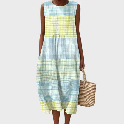 Women's Linen Checked Sleeveless Midi Dress