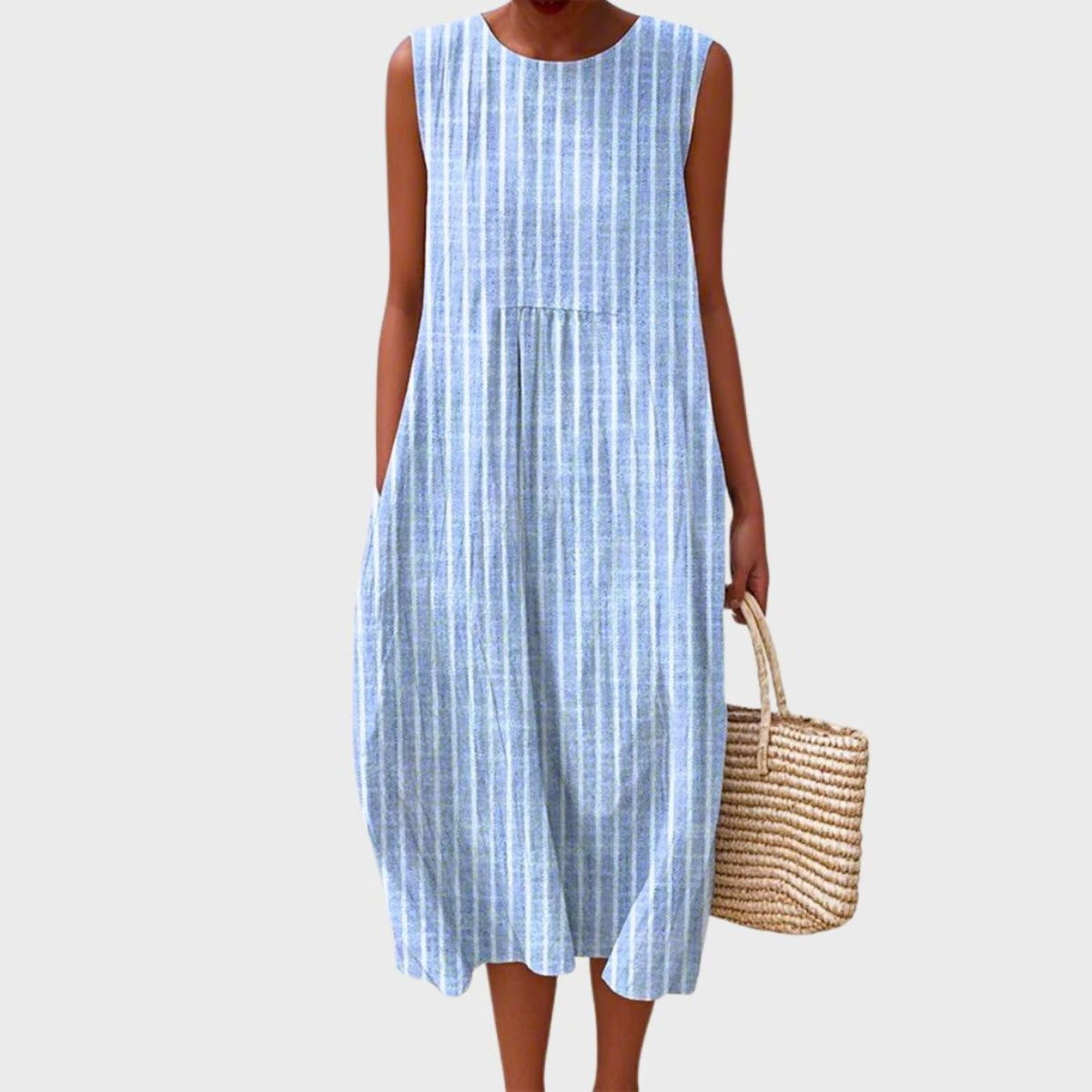 Women's Linen Checked Sleeveless Midi Dress