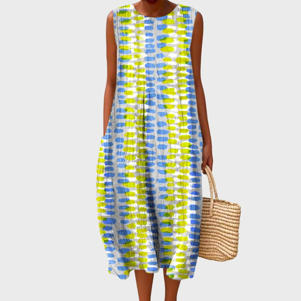 Women's Linen Checked Sleeveless Midi Dress