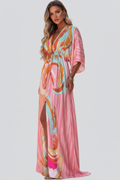 Women's Maxi Dress with Print, V-Neck, and Belt
