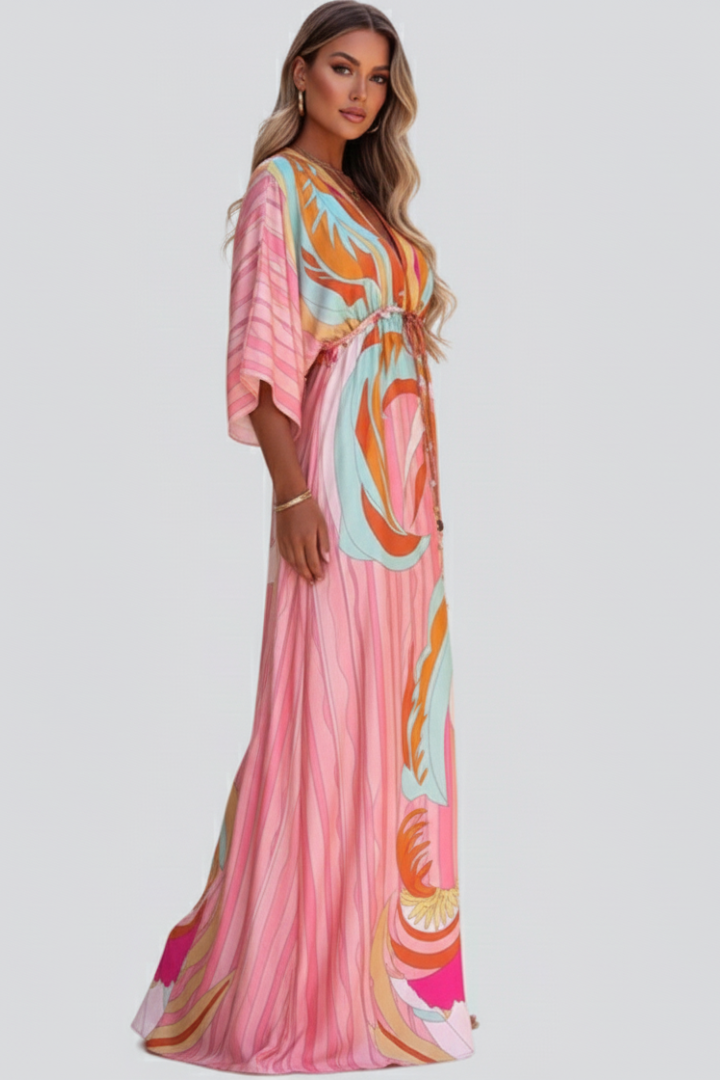 Women's Maxi Dress with Print, V-Neck, and Belt