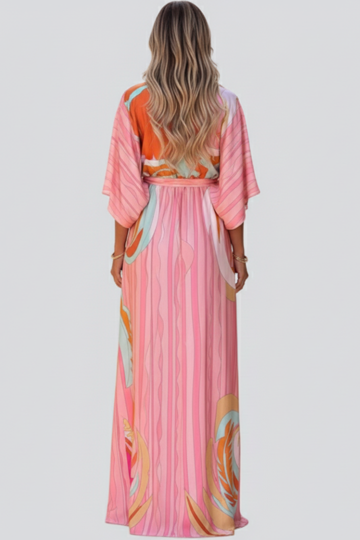 Women's Maxi Dress with Print, V-Neck, and Belt