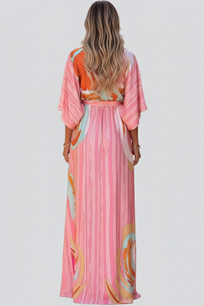 Women's Maxi Dress with Print, V-Neck, and Belt