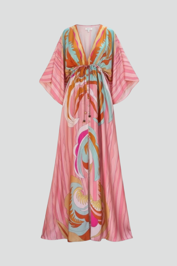 Women's Maxi Dress with Print, V-Neck, and Belt