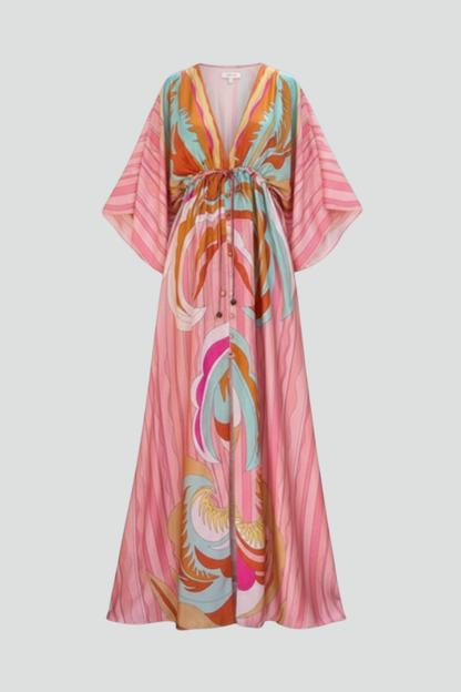 Women's Maxi Dress with Print, V-Neck, and Belt