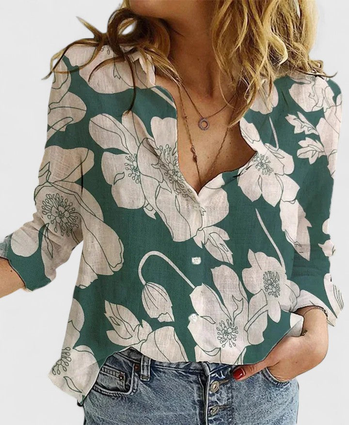 Women's Linen Blouse with V-Neck and Button Closure