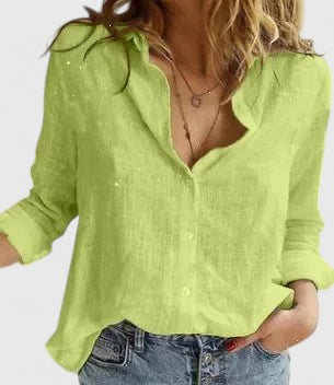 Women's Linen Blouse with V-Neck and Button Closure