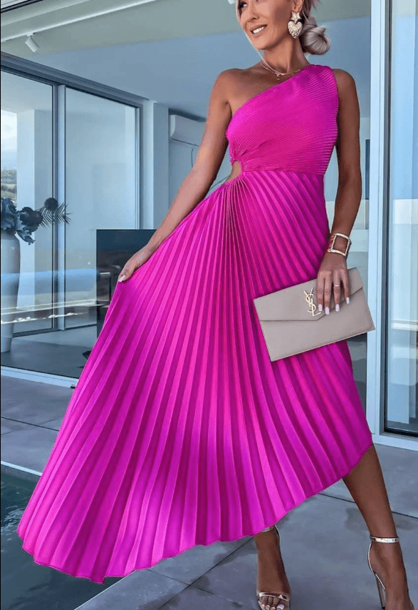 Women's Bridesmaid Dress One Shoulder Pleated Maxi Dress
