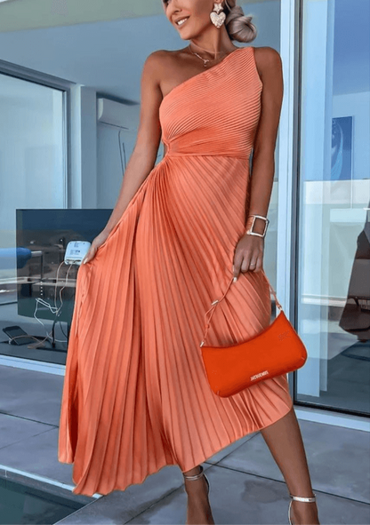 Women's Bridesmaid Dress One Shoulder Pleated Maxi Dress